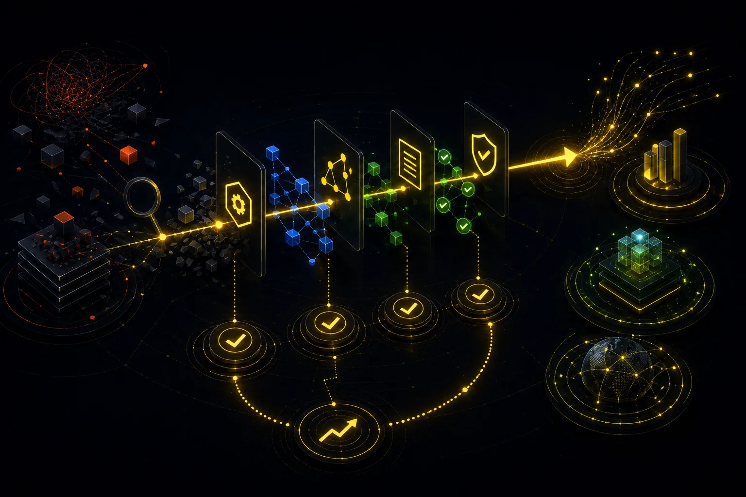 Abstract case-study evidence system showing diagnosis, implementation checkpoints, validation paths, and growth direction without fake client data.