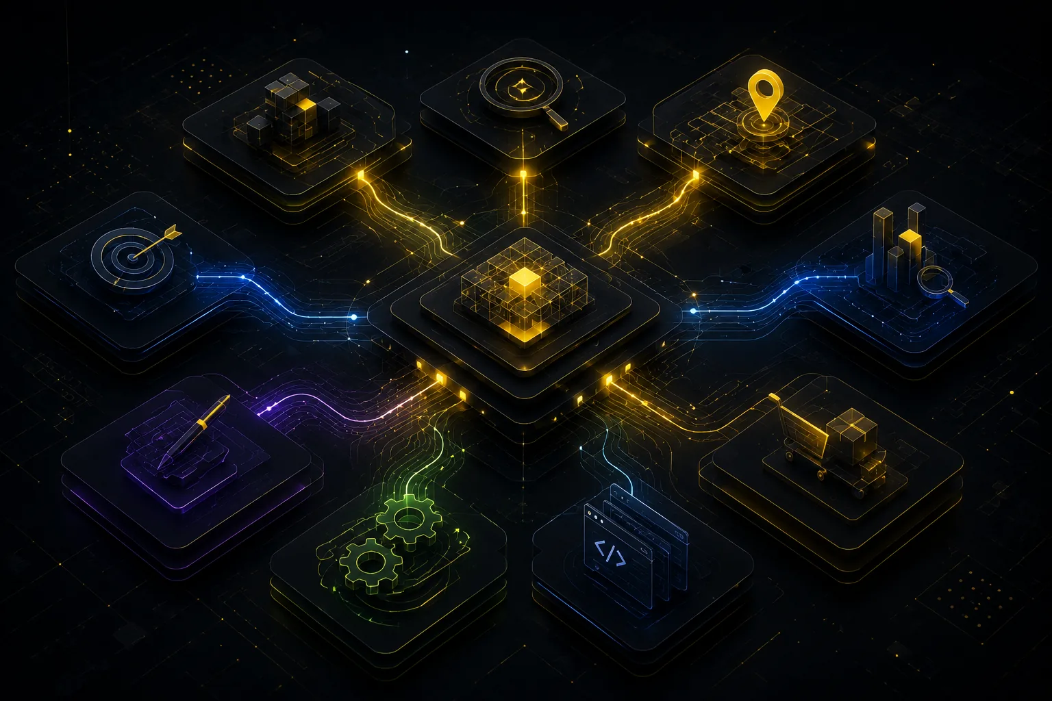 Abstract search growth system connecting technical SEO, local search, paid search, content, automation, and AI Search workstreams.