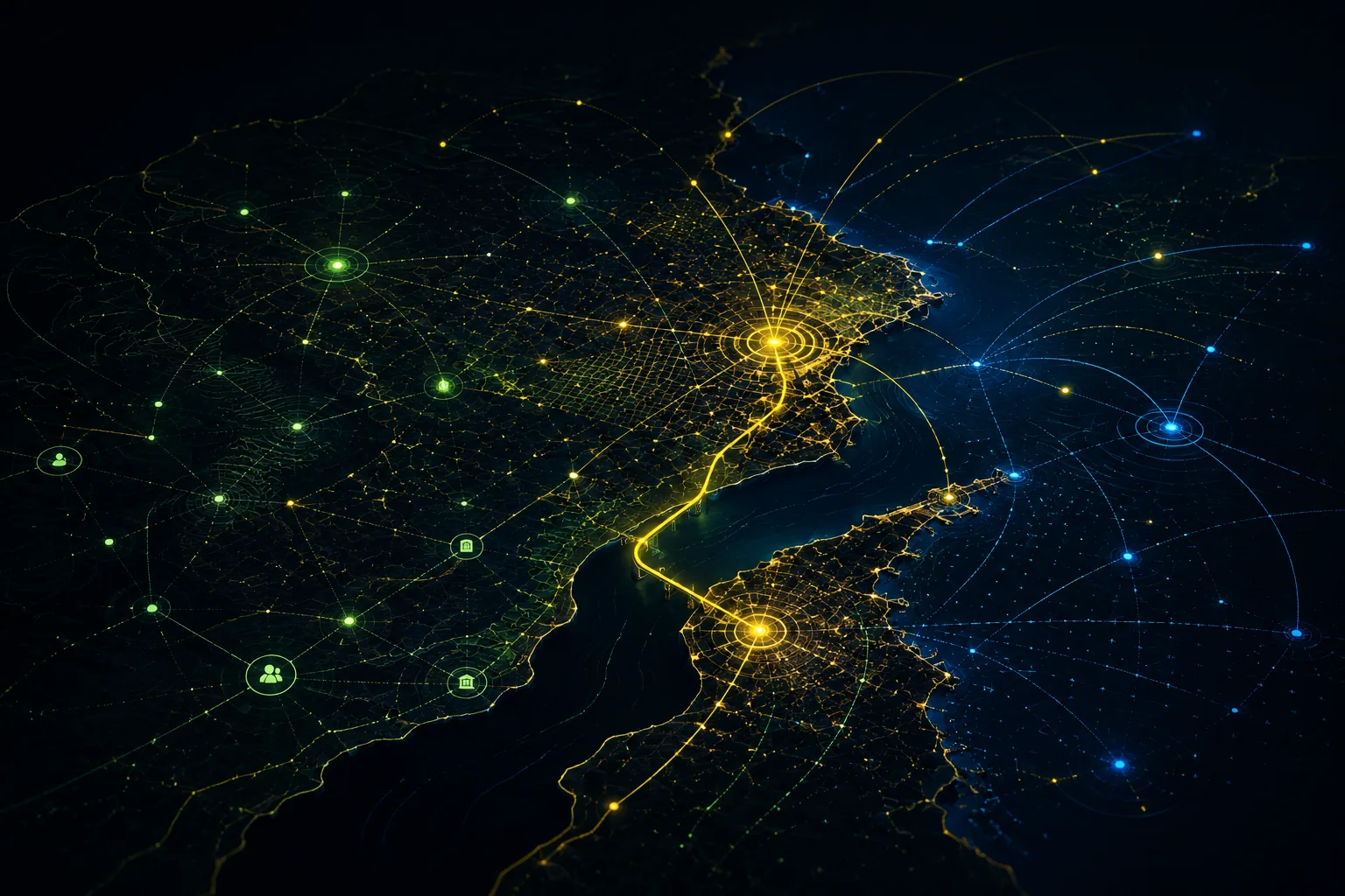 Abstract search network visual representing Barcelona, Lisbon, Almada, Spain, Portugal, and remote international SEO delivery.