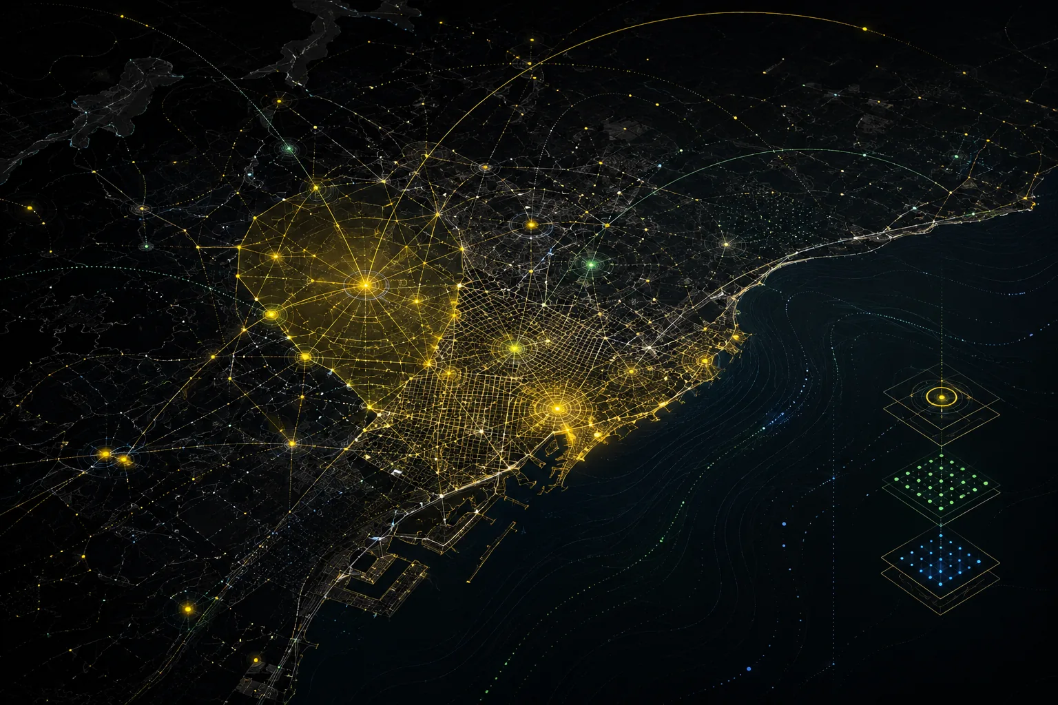 Abstract Barcelona and Catalonia search service-area visual with technical signal paths and local market coverage.
