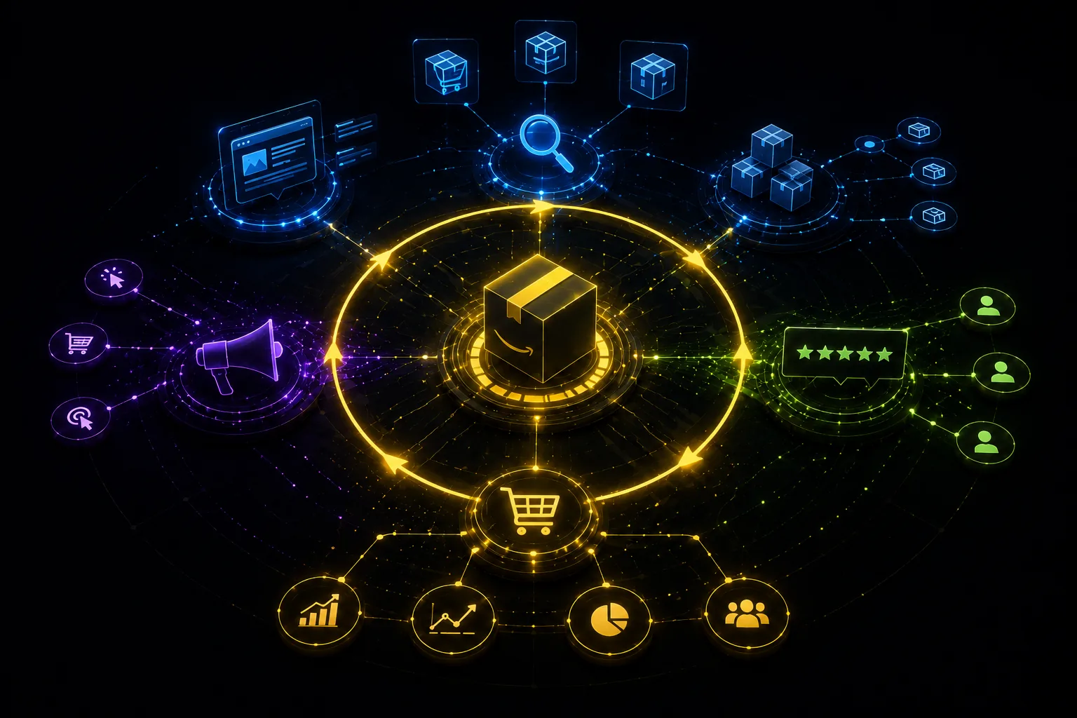 Abstract Amazon marketplace growth flywheel showing listing structure, sponsored demand, conversion feedback, and catalog signals.
