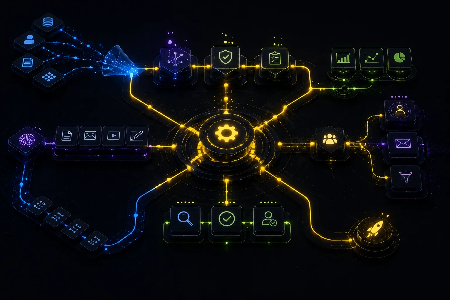 Abstract marketing automation workflow showing data inputs, QA gates, reporting loops, and implementation tasks.