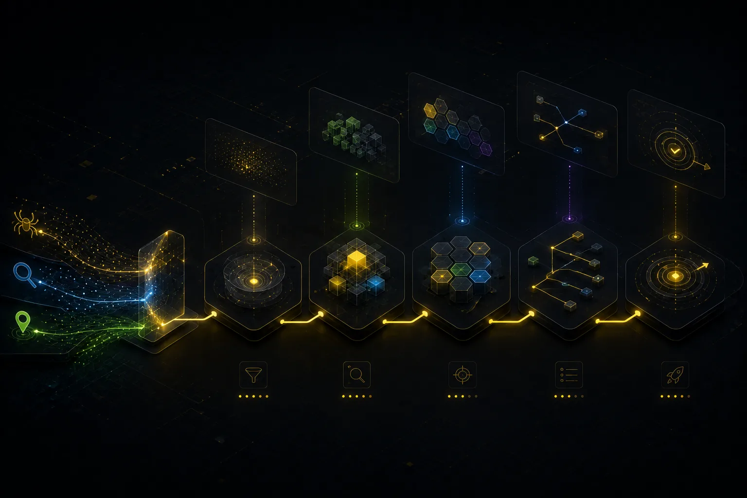 Abstract constraint matrix showing blocked growth paths and prioritized routes opening across search, local, paid, AI, marketplace, and automation workstreams.