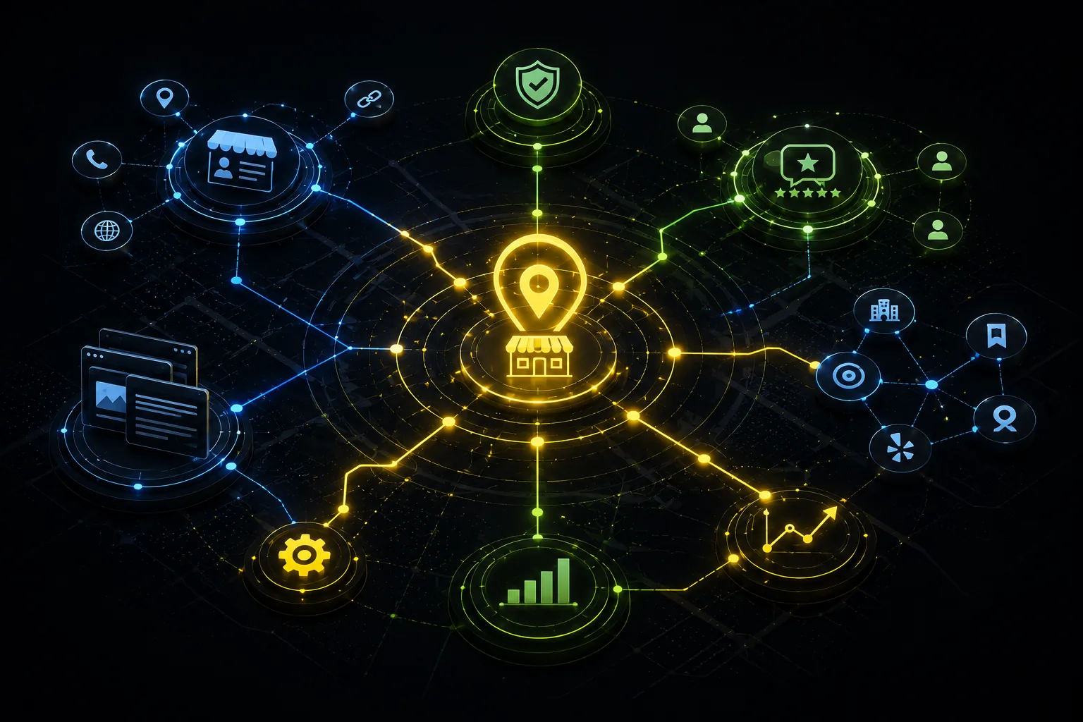 Abstract local visibility system connecting a business profile, reviews, citations, local pages, schema, and reporting.