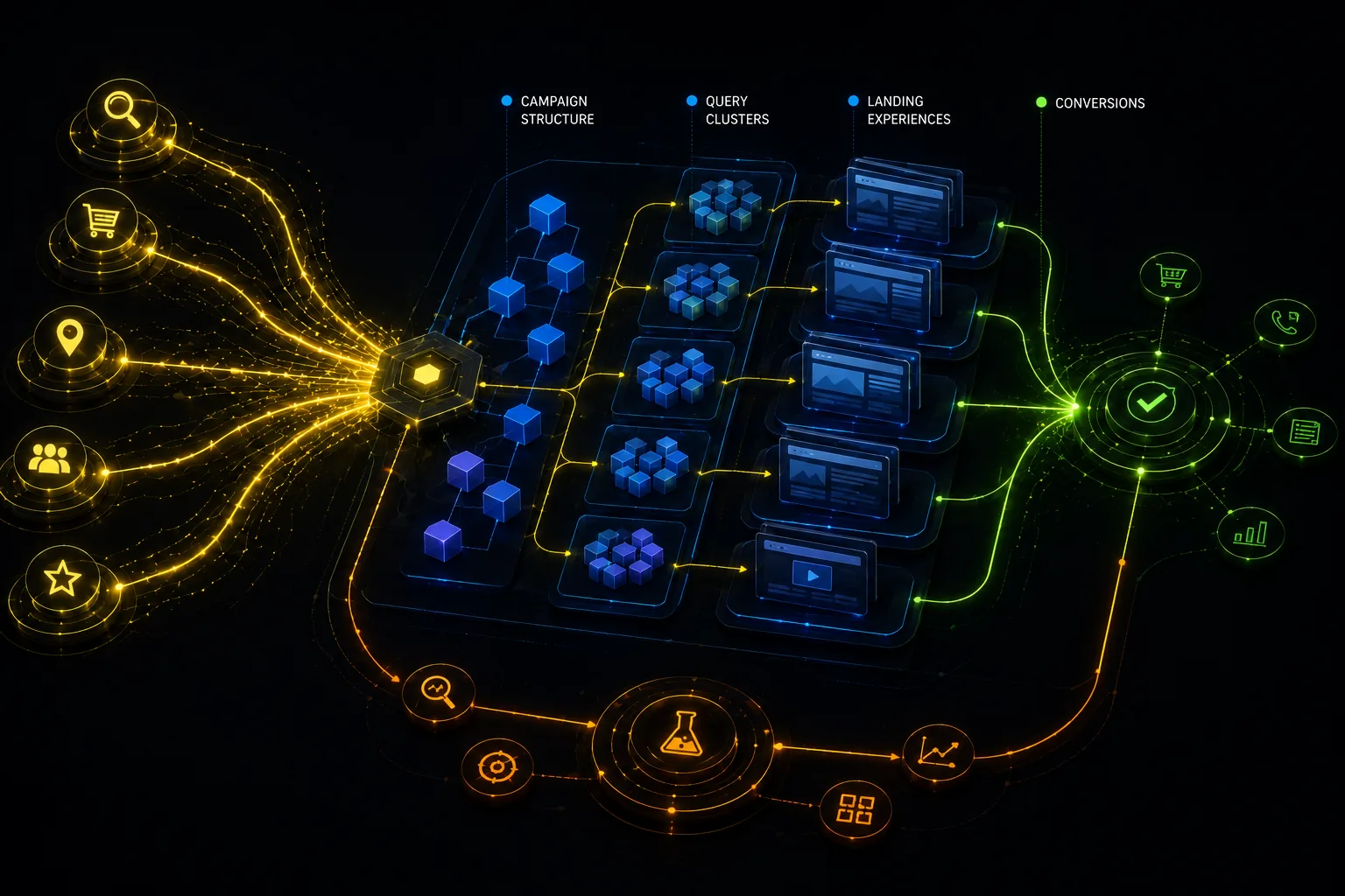 Abstract PPC and Google Ads operating model showing demand streams, campaign clusters, landing-page paths, and conversion signals.