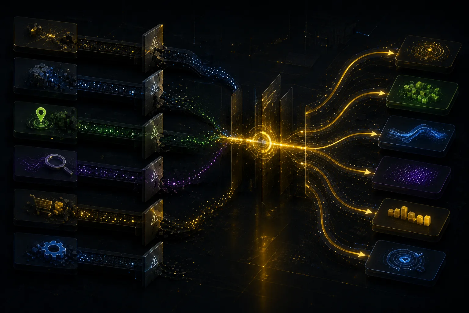 Abstract modular search growth stack connecting technical SEO, AI Search, local visibility, PPC, Amazon, automation, web architecture, and content strategy.