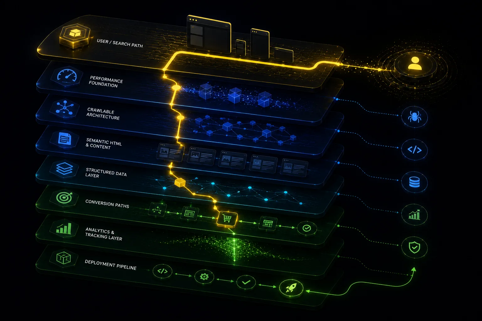 Abstract SEO-first web development architecture showing performance foundation, crawlable routes, structured data, and deployment layers.