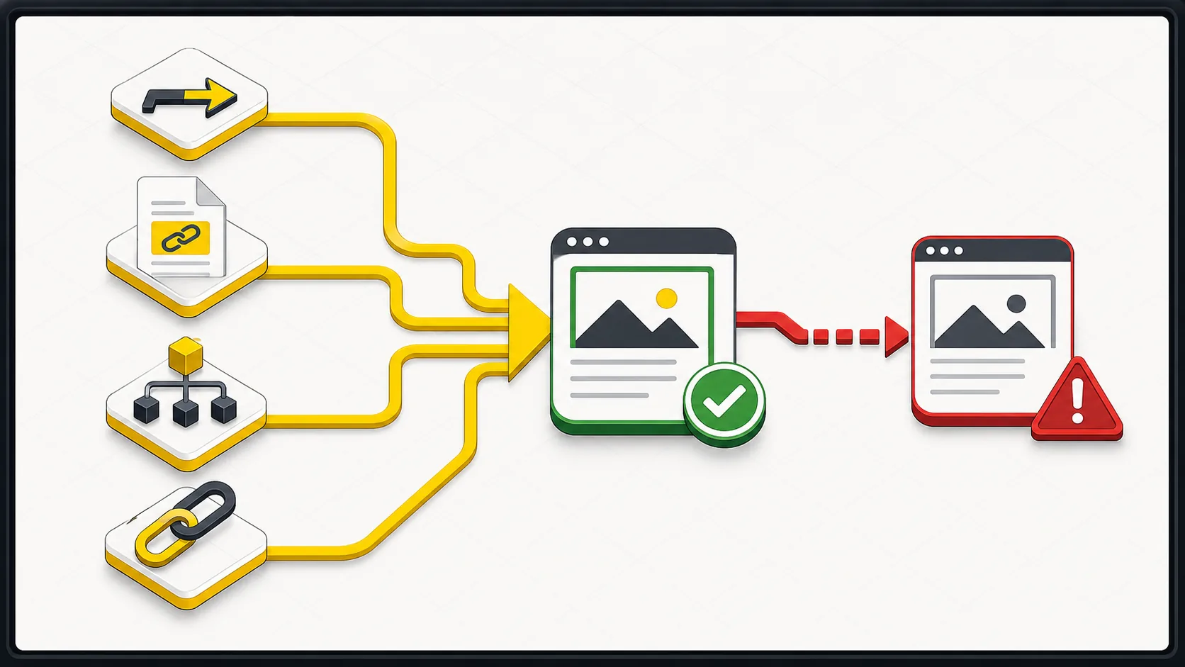 Canonical signal map with redirects, HTML, sitemap, and internal links converging on one preferred URL