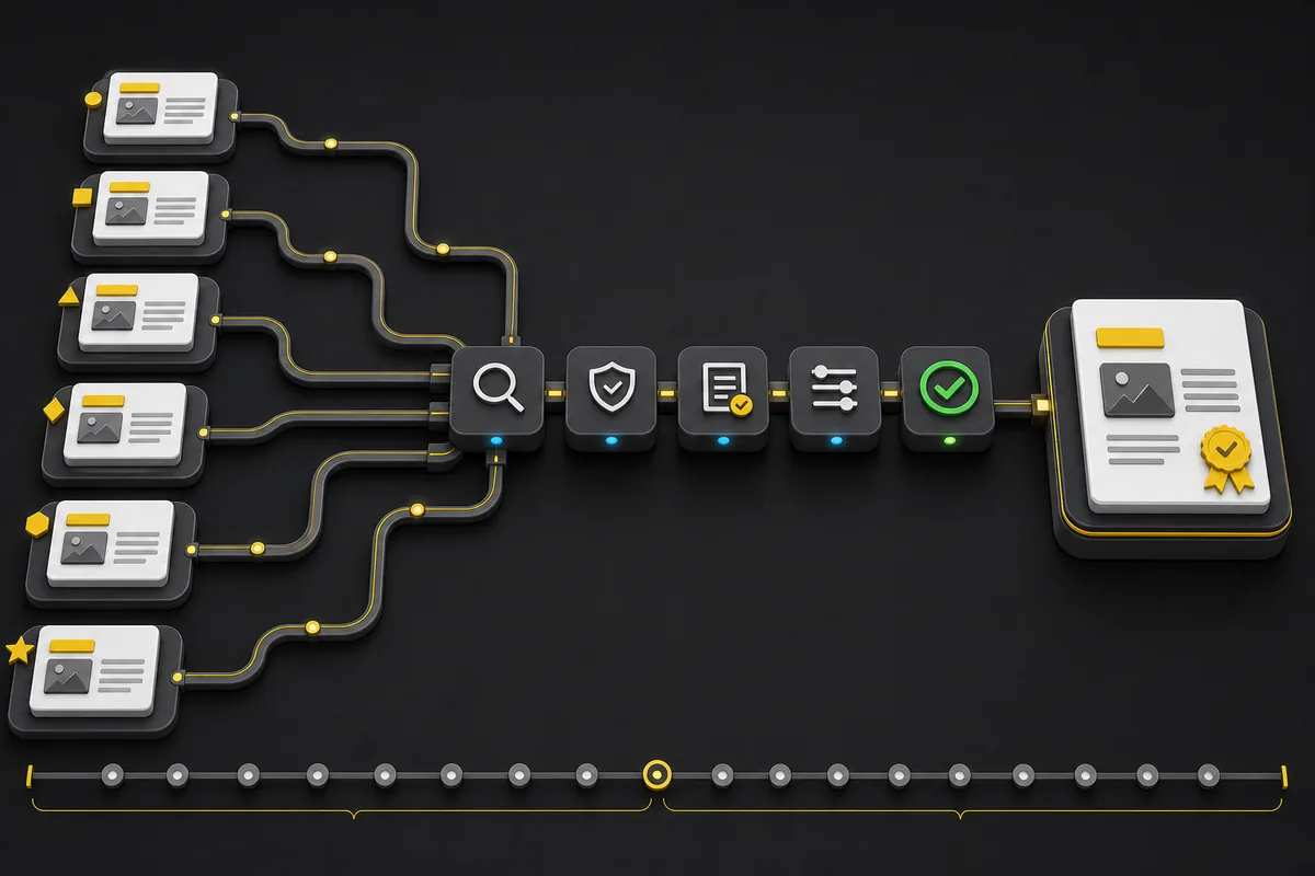 Technical SEO workflow showing duplicate URL paths converging on one canonical destination
