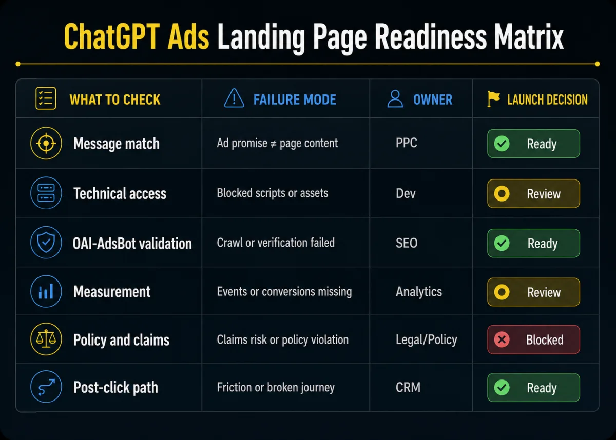 AI ads landing page QA map linking intent, message match, crawlability, bot access, measurement, policy review, and launch test.
