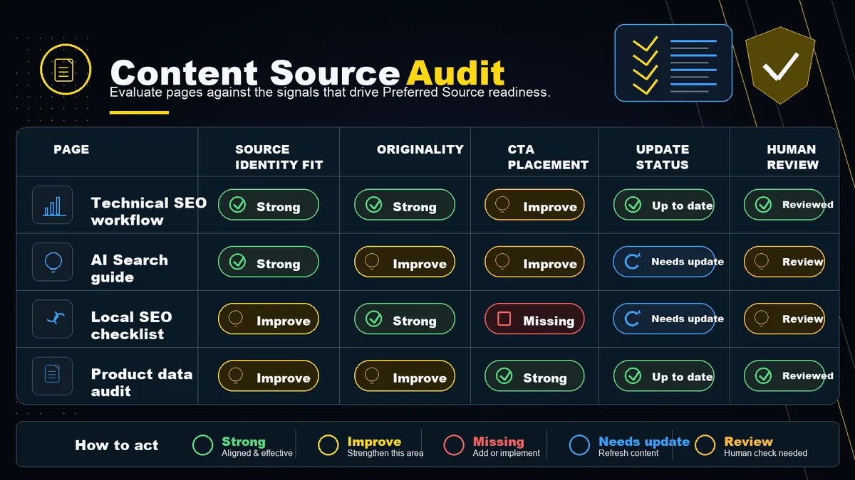 Mockup of a content source audit table reviewing page fit, originality, CTA placement, update status, and human review.