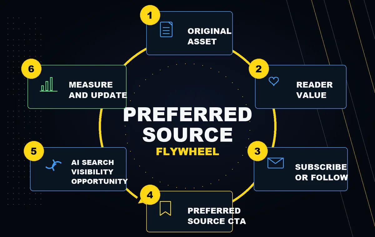 Preferred Source flywheel showing original asset, reader value, subscribe or follow, Preferred Source CTA, AI Search visibility opportunity, and measure and update.