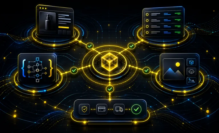 Ecommerce product data systems connected across product pages, feeds, structured data, media, checkout, and AI shopping discovery