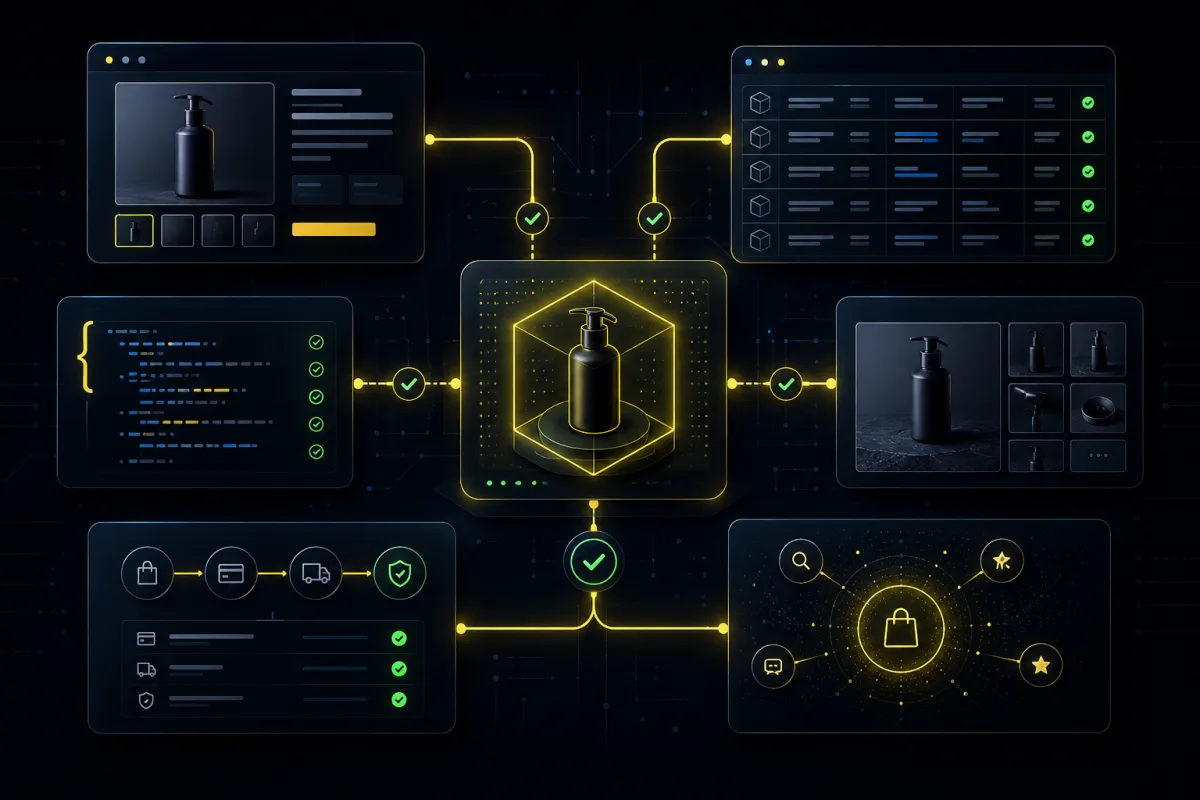 Connected ecommerce product data system linking product page, feed, structured data, media, checkout, and discovery surfaces.