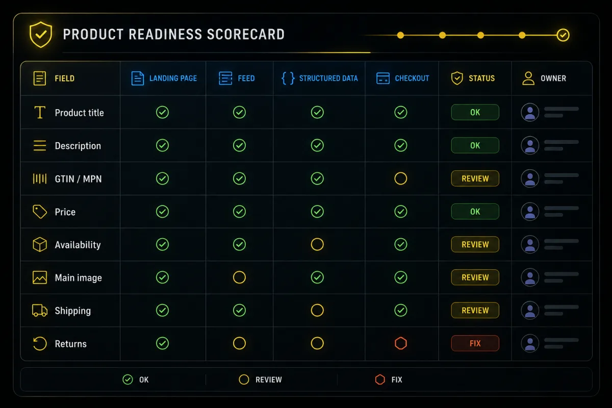 Mockup of an ecommerce product readiness scorecard comparing landing page, feed, structured data, checkout, status, and owner.