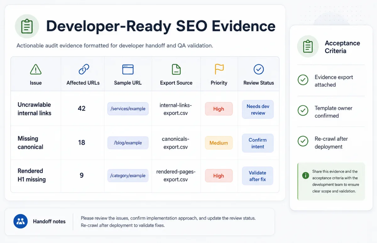 Mockup of a technical SEO audit evidence table with issue type, affected URLs, export source, and review status