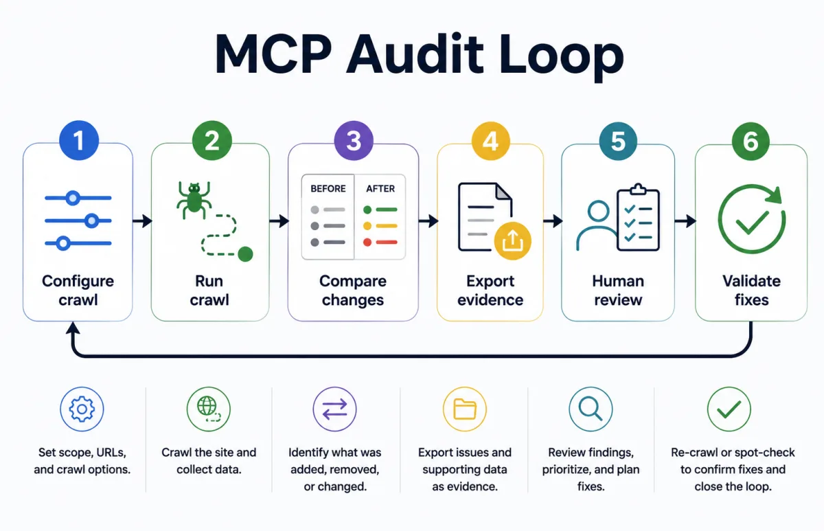 Six-step MCP technical SEO audit loop from crawl configuration to fix validation