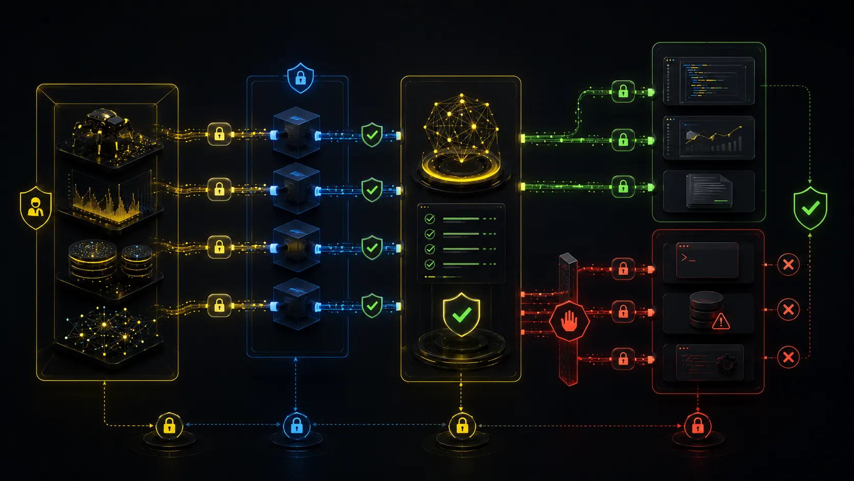 Abstract security workflow with isolated client data, locked connectors, approval checkpoints, and blocked risky actions