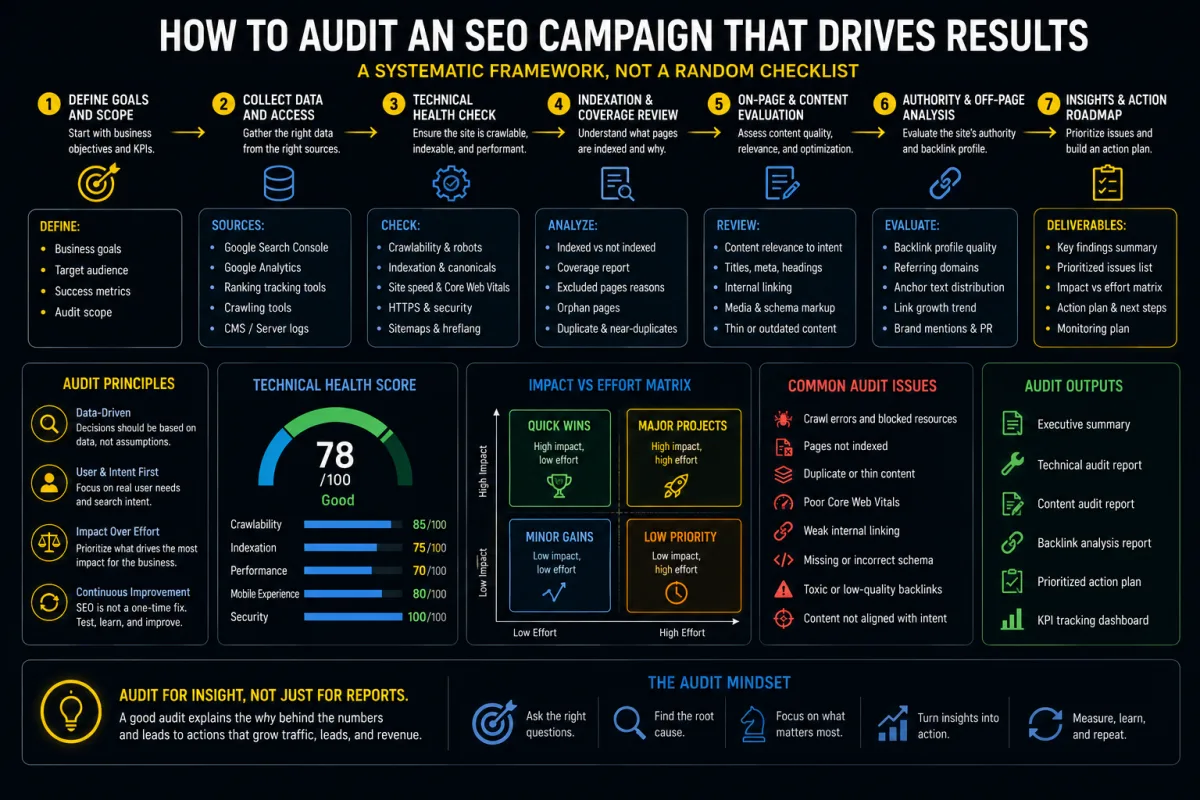 Mockup of an SEO recommendation decision log with tool source, evidence, official guidance, risk, owner, test status, and outcome.